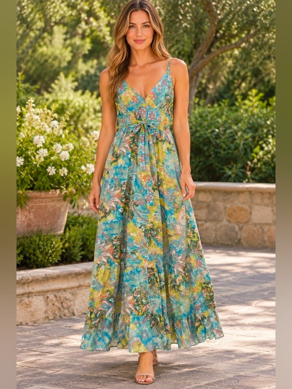 Asha Turquoise Floral V-Neck Maxi Dress with Tie Waist No size label